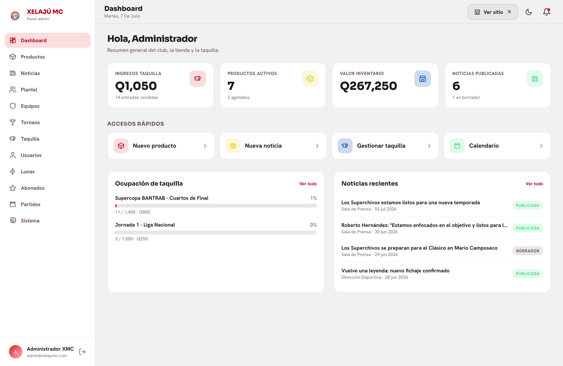 Dashboard en modo claro