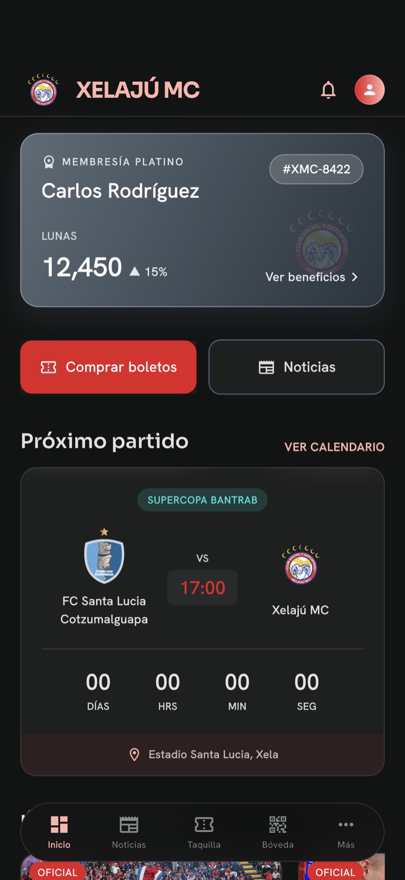Pantalla de inicio de la app del fan